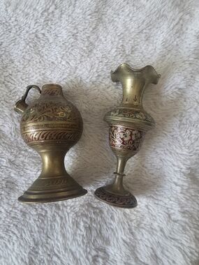 Vintage Brass Etched Bud Vase And Pitcher Set Engraved Floral Design
